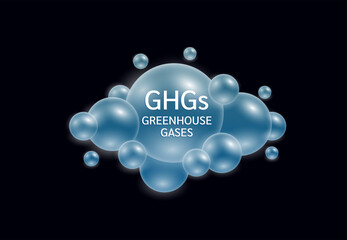 Greenhouse gases in cloud blue on black background. Air pollution emissions with industrial plants, vehicle fumes, forest fires, agriculture and livestock. Production of electronic devices. Vector.