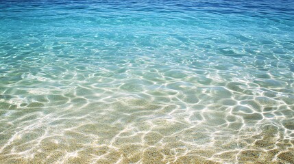 75.A mesmerizing view of crystal-clear blue water, with gentle ripples shimmering under the bright sunlight. The water's clarity reveals the sandy bottom beneath, creating an inviting and refreshing