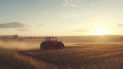 Fototapeta premium Tractor Sowing Seeds in Warm Countryside Glow