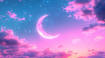 A crescent moon shines in a pink and blue sky with fluffy clouds and twinkling stars.