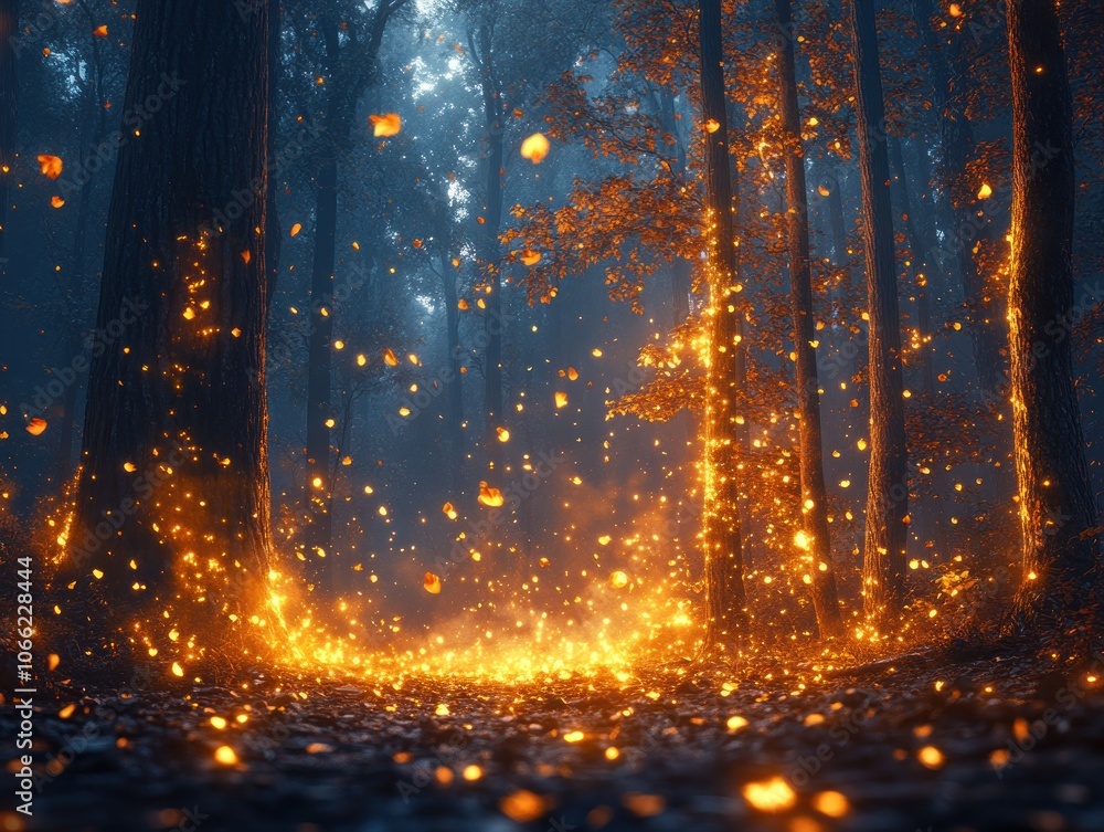 Poster enchanted forest with glowing leaves and tree trunks