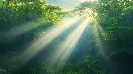 Fototapeta premium Discover how sunlight filters through lush forest canopies to create breathtaking natural scenery