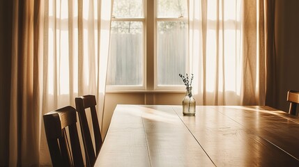 Fototapeta premium Overhead View of a Spacious Solid Wood Dining Table in Soft, Retro Lighting with Beige Curtains, Emphasizing a Nostalgic, Simple, and Elegant Atmosphere for Commercial Photography