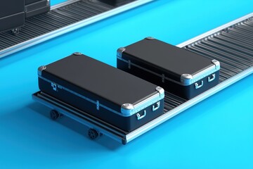 Two black suitcases on a luggage conveyor belt against a blue background.