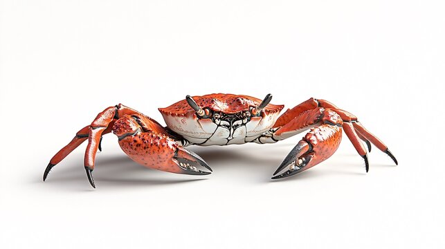 97.A highly realistic rendering of a vibrant red crab, placed centrally against a white background. Its segmented legs and sharp claws are fully extended, with each fine detail of the shell and body