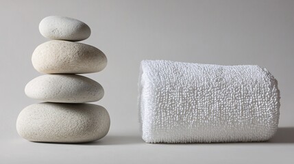 101.A minimalist spa scene with a carefully balanced tower of flat stones next to a neatly rolled white towel. The natural textures of the stones contrast beautifully with the soft, luxurious fabric