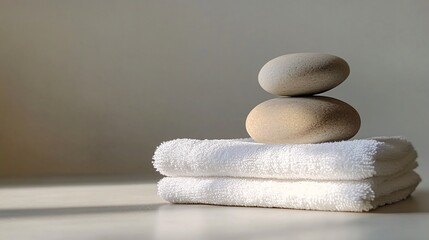 102.A calming image of three smooth spa stones stacked in a perfect tower beside a folded white towel. The composition is simple yet elegant, with a soft light casting gentle shadows, creating an