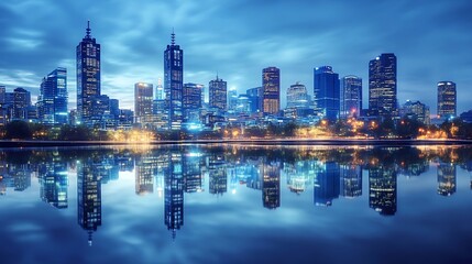 City Skyline Reflected in Water at Dusk