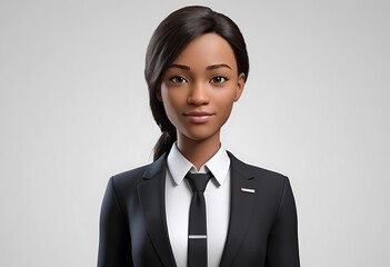 Smiling women animated customer service in black suit representative ready to assist.