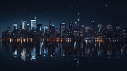 Fototapeta premium Nighttime Cityscape with Skyscrapers Reflected in Water