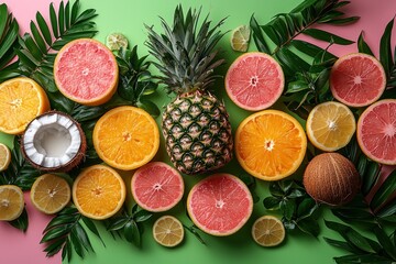 Tropical Fruits and Leaves on a Green and Pink Background