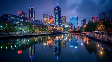 Nighttime cityscape with reflections in a still body of water