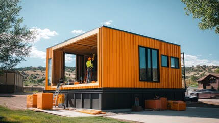 A Worker Installing Siding on a New Modern Orange House