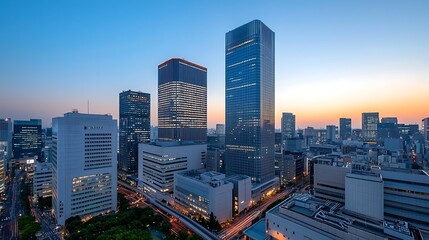 Naklejka premium Explore the stunning urban landscape of modern skyscrapers against a vibrant sunset sky