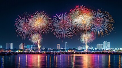 17.A spectacular view of the Pattaya International Fireworks Show, with colorful fireworks blooming over the night sky. The city&acirc;&euro;&trade;s skyline is visible in the distance, and the waterfront is packed