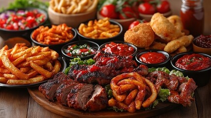 Fototapeta premium A delicious spread of barbecue ribs, fried onion rings, fries, and dipping sauces.