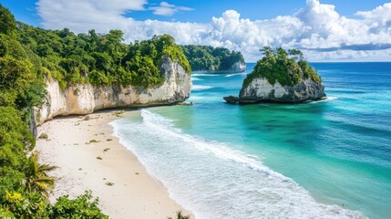 Serene Tropical Beach with Clear Blue Water and Cliffs