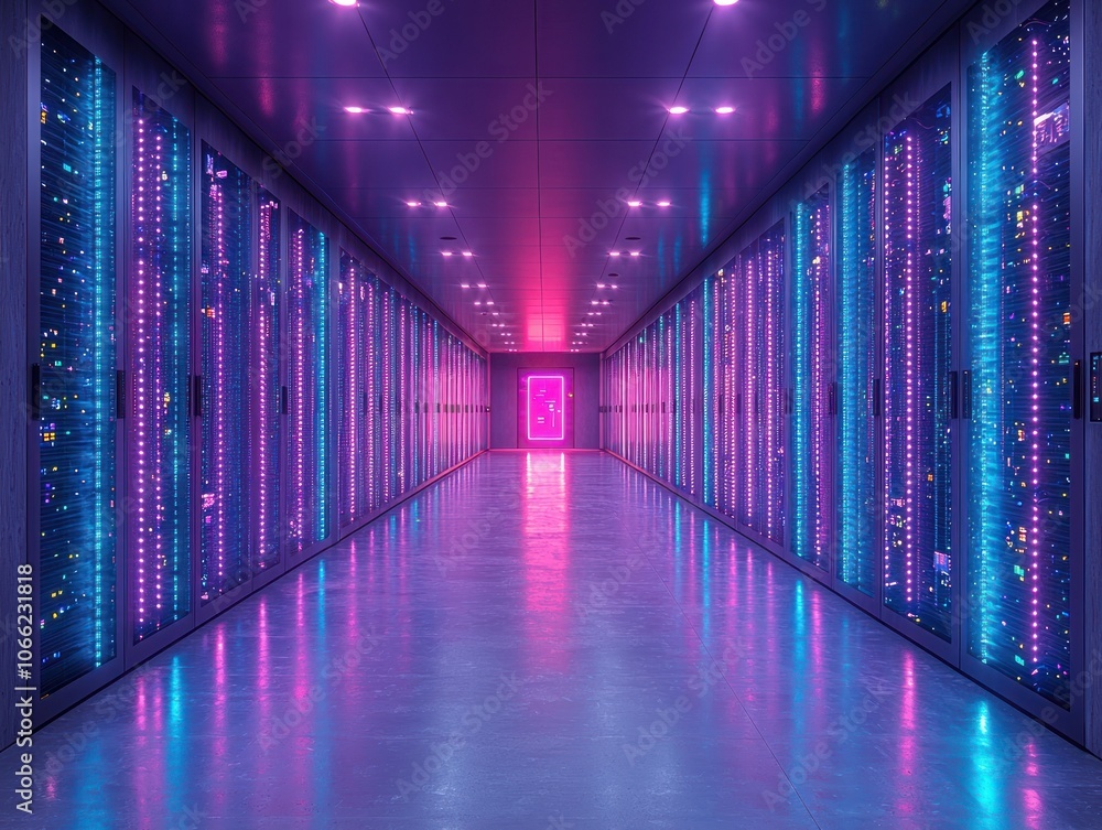 Aufkleber a neon-lit hallway lined with server racks and a pink door at the end.