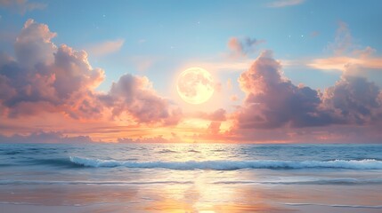 Naklejka premium Experience the tranquil beauty of a moonlit sunset over the serene ocean waves