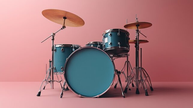 Teal drum set on pink background. - Powered by Adobe