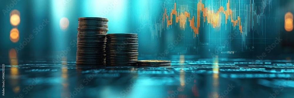 Poster stacks of coins and a stock chart in a dark blue background