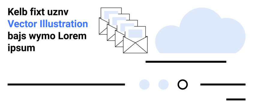Text Kelb fixt uznv, Vector Illustration, bajs wymo Lorem ipsum. Envelopes with documents, cloud icon. Minimalist lines and circles. Ideal for web page design, email marketing, digital communication