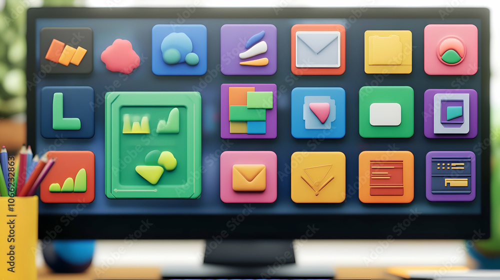 Poster colorful app icons on a computer screen.