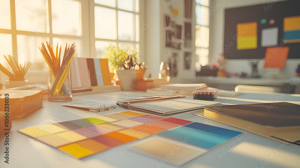 Poster Creative workspace with color swatches, pencils, and a notepad on a desk with a window in the background.