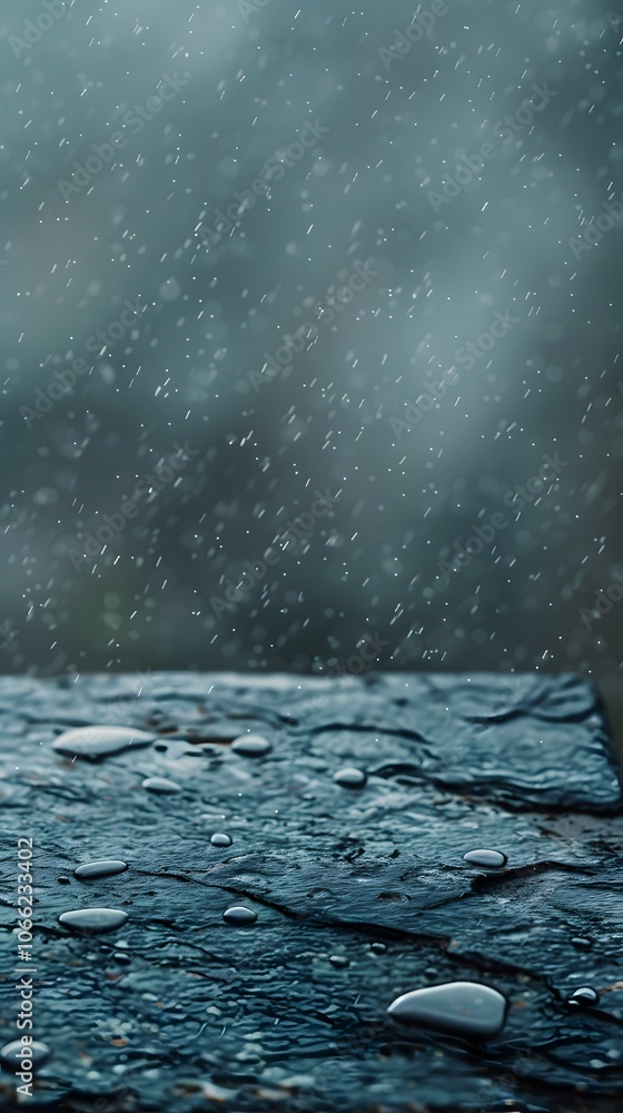 Poster a close-up view of a wet surface during rain, creating a moody and atmospheric scene.