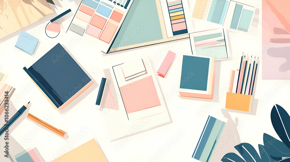 Aufkleber flat lay of a workspace with stationery and notebooks.