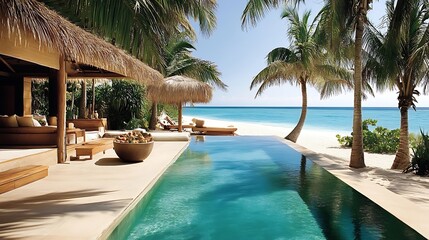 Fototapeta premium Tropical Beach Villa with Infinity Pool and Ocean View