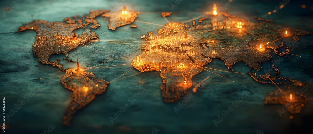 Poster illuminated world map representing global connectivity and digital networks.