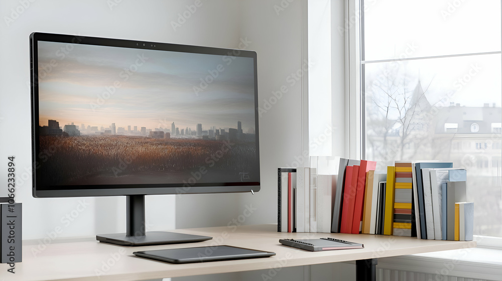 Poster modern computer monitor with cityscape screen saver on a desk with books and a tablet.