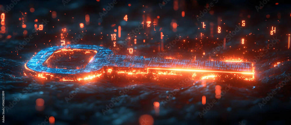 Poster a glowing key with digital effects, symbolizing security and access in a virtual world.