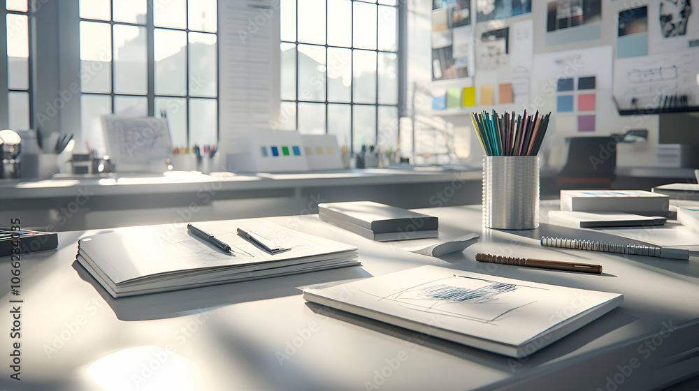 Poster modern workspace with a desk, notebooks, pencils and a window with sunlight.