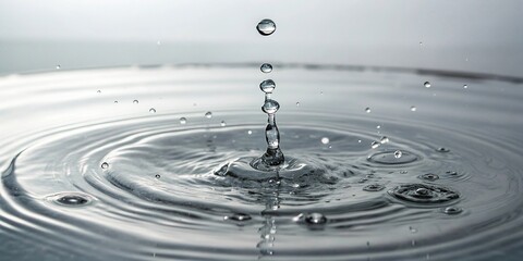 Cluster of water droplets with ripples on a gray surface, surface disturbance, transparent, tiny drops
