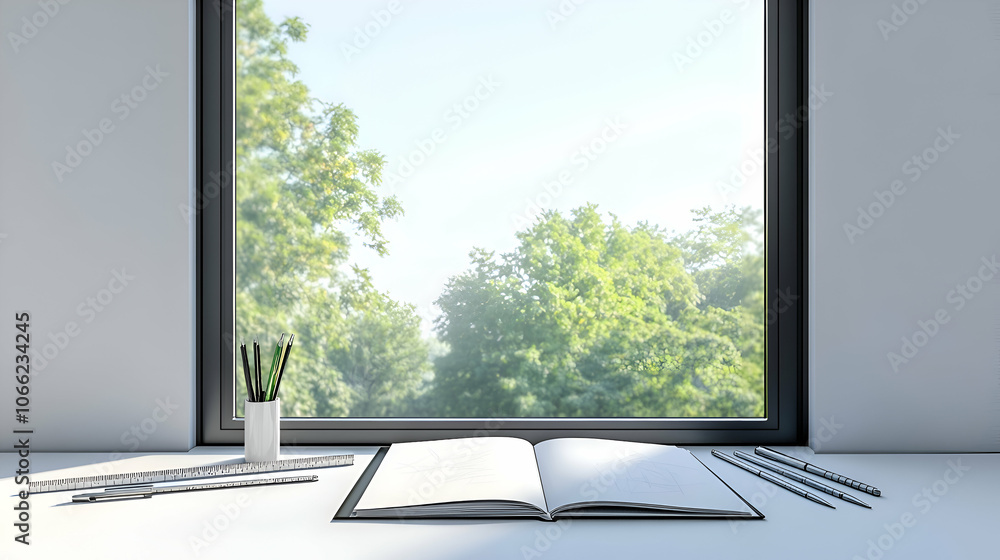 Poster open book on a white desk with pencils and a window with a view of trees.