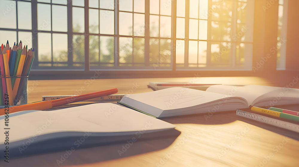 Poster open books on a wooden table with pencils and a ruler in front of a window with a sunlit view.