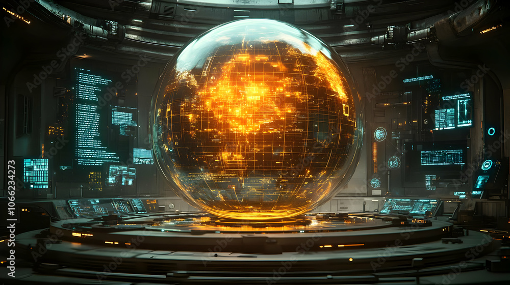 Poster futuristic spherical hologram in a high-tech interface with glowing data displays and advanced contr