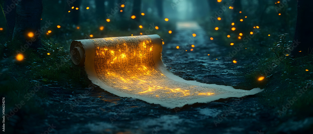Poster a magical scroll emitting light in a serene forest, surrounded by vibrant fireflies, creating an enc