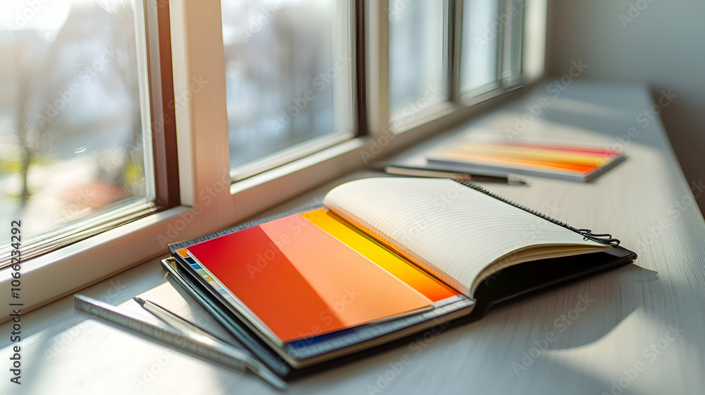 Poster open notebook with colorful pages and pen on a window sill.