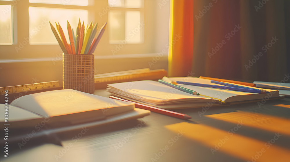 Poster open notebooks, pencils, and ruler on a desk by a window with sunlight streaming in.