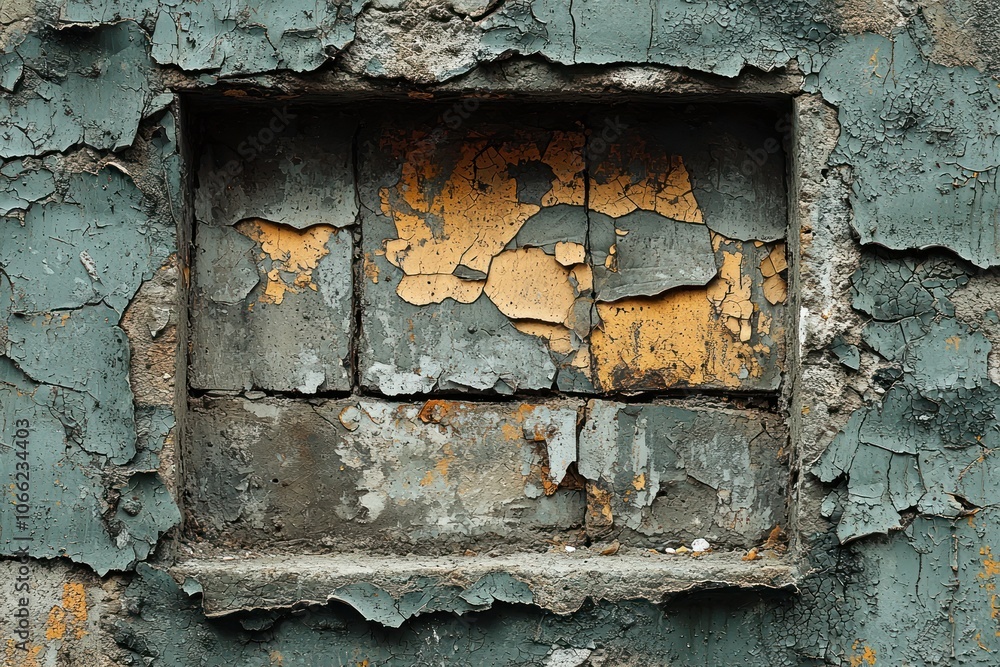 Poster peeling paint reveals a rectangular window in a weathered wall