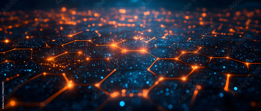 Poster abstract technology background with glowing hexagons in blue and orange tones, representing connecti