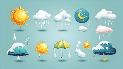 Set of cartoon weather icons, including sun, rain, snow, and night.