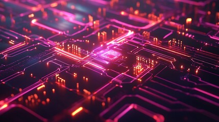 Fototapeta premium Abstract Close-up of a Glowing Circuit Board with Pink and Orange Lines