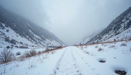 Obraz premium Snowy mountain valley path leading through foggy landscape in winter season 