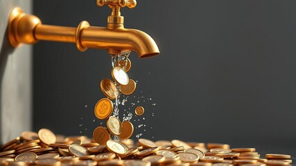 Coins flowing from a golden faucet in mid-air with a subtle sparkle effect, money, flow, movement