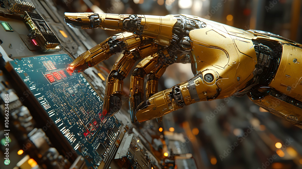 Poster close-up of a robotic hand interacting with a complex circuit board in a futuristic environment.