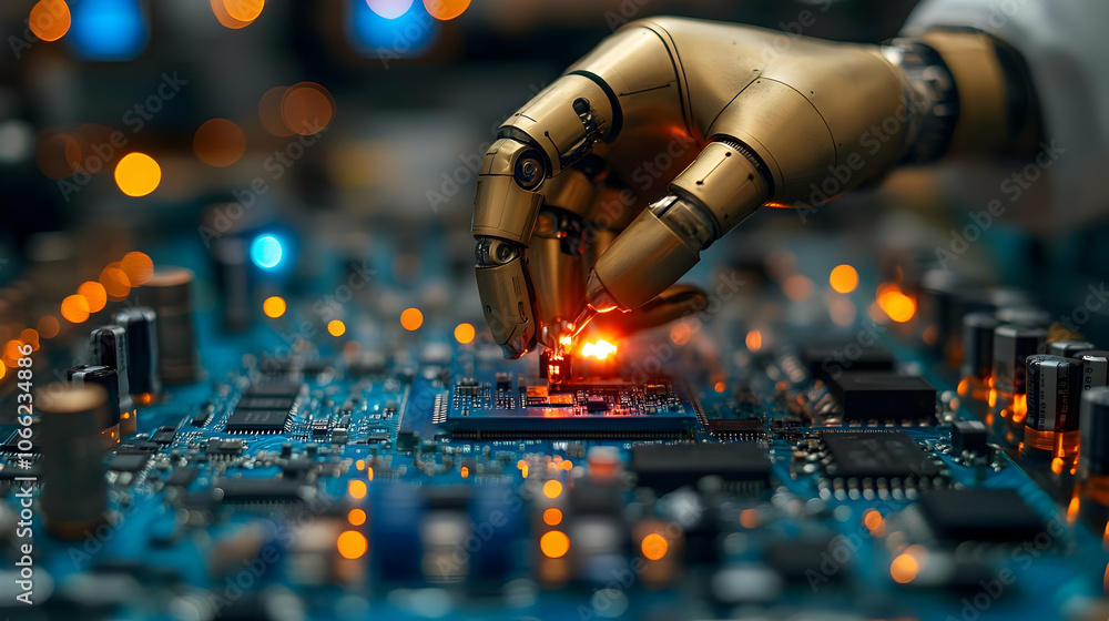 Poster a robotic hand interacting with a circuit board, showcasing advanced technology and innovation in el